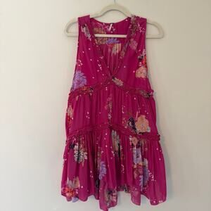 Free People Pink Floral Boho Oversized Tiered Ruffle Sleeveless Top Size XS